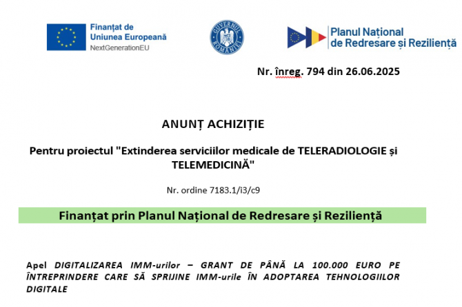 Invitație participare anunț achiziție – echipamente digitalizare radiologie